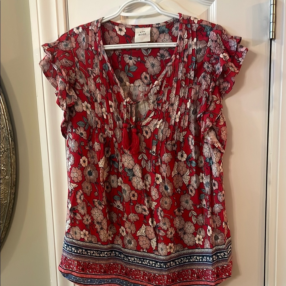 Knox Rose Red and White Puff Sleeve Blouse with Tie Front